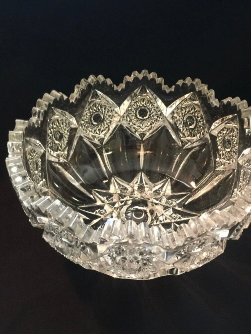 Vintage Cut Glass Crystal Bowl Sawtooth Rim Starburst Pattern Pressed Glass Dish